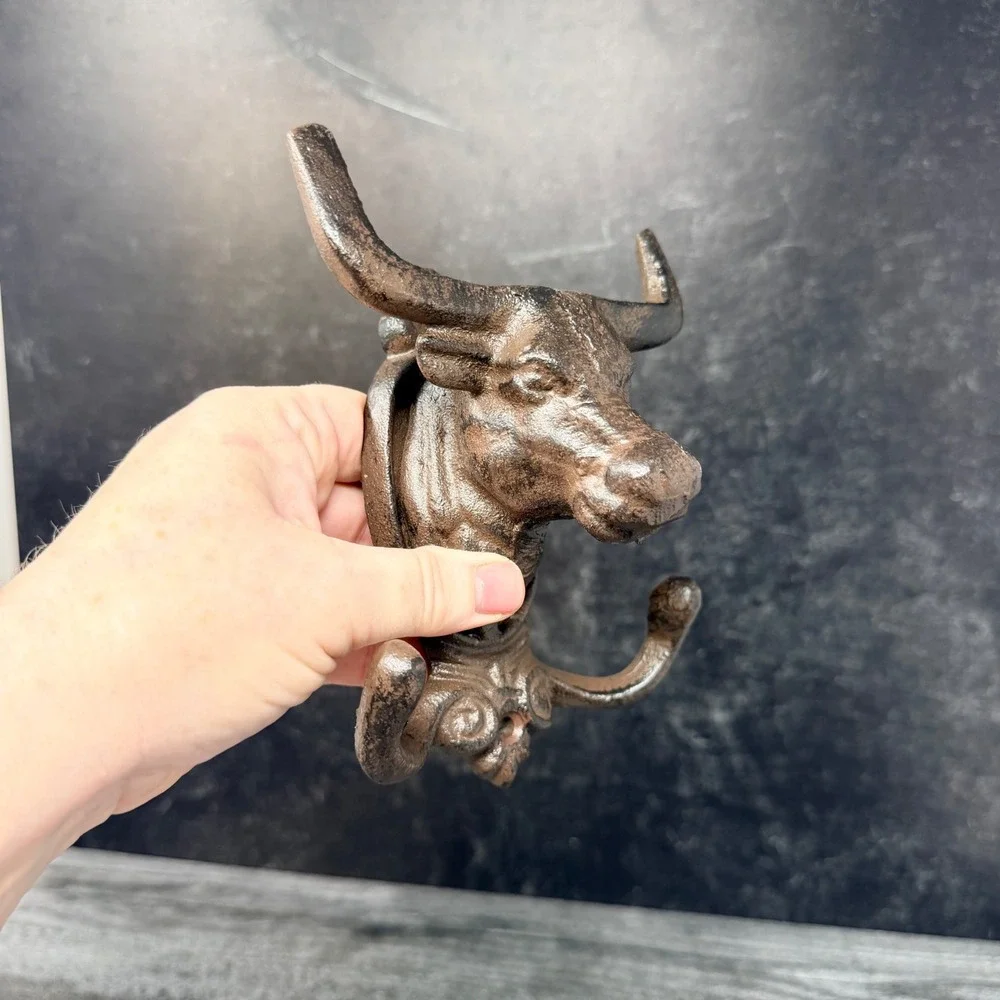 Cast Iron Bull Double Wall Hook Western Ranch Farmhouse Decor